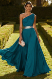 Dusty Blue One Shoulder A Line Chiffon Maxi Formal Dress
