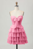 Yellow Strapless A Line Tiered Short Prom Dress with Bow