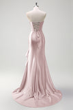 Sparkly Champagne Mermaid Strapless Ruffle Corset Satin Long Prom Dress with Slit