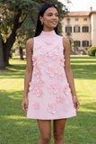 Hot Pink High Neck A-Line Homecoming Dress with 3D Flowers