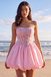 Sprakly Strapless Beaded A Line Corset Little White Dress with Bow