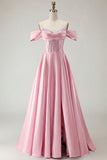 Off The Shoulder Purple A Line Beaded Long Satin Prom Dress with Slit