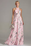 Pink A-Line Halter Neck Floral Long Bridesmaid Dress