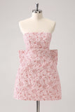 Fuchsia A Line Floral Strapless Short Homecoming Dress With Bow