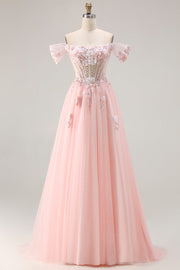Pink A Line Off the Shoulder Beaded Sheer Corset Long Prom Dress with Sequins