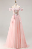 Pink A Line Off the Shoulder Beaded Sheer Corset Long Prom Dress with Sequins