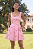 A-Line Blue Square Neck Homecoming Dress with 3D Flowers