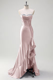 Sparkly Champagne Mermaid Strapless Ruffle Corset Satin Long Prom Dress with Slit