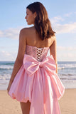 Sprakly Strapless Beaded A Line Corset Little White Dress with Bow
