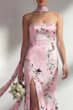 Mermaid Pink Strapless Floral Printed Long Bridesmaid Dress with Slit