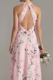 Pink A-Line Halter Neck Floral Long Bridesmaid Dress
