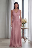 Dusty Rose V Neck A Line Pleated Long Formal Dress