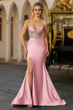 Dusty Blue Mermaid Beaded Corset Sequins Long Prom Dress with Slit