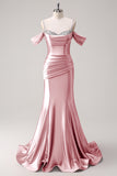 Glitter Blush Mermaid Beaded Spaghetti Straps Long Prom Dress