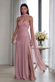 Dusty Sage Strapless A Line Pleated Long Formal Dress with Slit