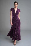 Velvet Caramel Ruched V Neck Long Holiday Party Dress