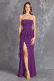 Black Strapless Ruffled Long Formal Dress with Slit