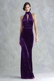 Burgundy Velvet Halter Keyhole Long Formal Dress