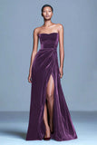 Strapless Burgundy Velvet A Line Formal Dress with Slit