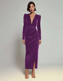 Velvet Sheath Olive V-Neck Ruched Choir Dress with slit