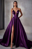 Navy Satin A Line Spaghetti Straps Long Prom Dress with Slit