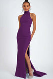 Sky Blue Halter Satin Mermaid Formal Dress with Slit