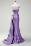 Sparkly Purple Mermaid Beaded Corset Ruched Satin Long Prom Dress with Slit