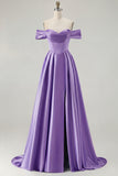 Blue A-Line Off The Shoulder Satin Long Bridesmaid Dress with Slit
