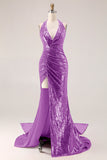 Sparkly Fuchsia Mermaid Halter Sequin Backless Long Prom Dress with Slit