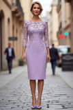 Light Blue Bateau Neck Bodycon Appliqued Midi Mother of the Bride Dress with 3/4 Sleeves