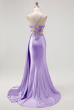 Champagne Mermaid Sheer Corset Beaded Side Streamer Long Prom Dress with Slit