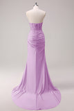 Corset Fuchsia Mermaid Strapless Ruched Corset Long Prom Dress with Slit