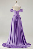 Blue A-Line Off The Shoulder Satin Long Bridesmaid Dress with Slit
