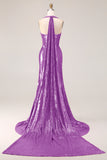 Sparkly Fuchsia Mermaid Halter Sequin Backless Long Prom Dress with Slit