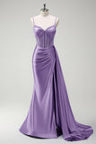 Sparkly Purple Mermaid Beaded Corset Ruched Satin Long Prom Dress with Slit