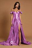 Golden Off The Shoulder A Line Prom Dress With Slit