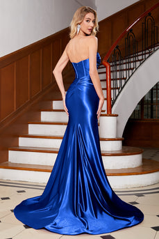 Mermaid Royal Blue Sweetheart Corset Prom Dress with Slit
