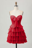 Sky Blue Strapless A Line Tiered Short Prom Dress with Bow