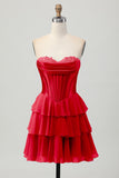 Fuchsia Strapless Corset Tiered A Line Short Prom Dress