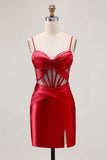Royal Blue Sheer Corset Pleated Tight Short Prom Dress with Slit
