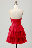 Fuchsia Strapless Corset Tiered A Line Short Prom Dress