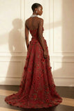 Purple Strapless Appliqued A-Line Long Prom Dress With 3D Flowers