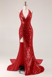 Sparkly Fuchsia Mermaid Halter Sequin Backless Long Prom Dress with Slit