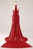 Sparkly Fuchsia Mermaid Halter Sequin Backless Long Prom Dress with Slit