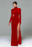 Black Velvet High Neck Long Sleeves Holiday Party Dress with Slit