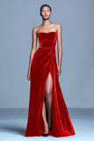 Strapless Burgundy Velvet A Line Formal Dress with Slit