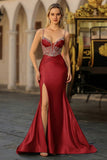 Dusty Blue Mermaid Beaded Corset Sequins Long Prom Dress with Slit
