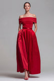 Off the Shoulder Fuchsia and Red A Line Color Block Midi Formal Dress