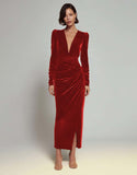 Velvet Sheath Olive V-Neck Ruched Choir Dress with slit