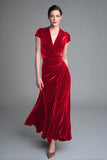 Velvet Caramel Ruched V Neck Long Holiday Party Dress